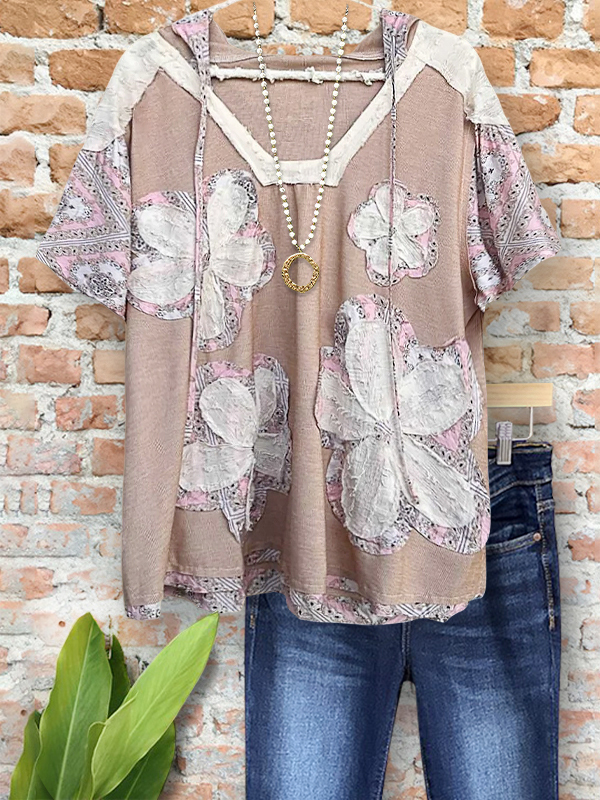 Women's top | Vintage Fashion Floral Patch Hoodie |Website-shopcharmingrose