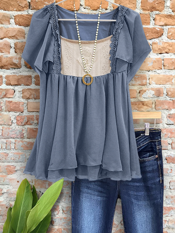 Elegant Lace Patchwork Puff Sleeve Top