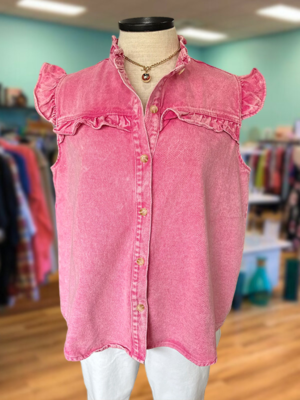 Women's top | Vintage Denim Style Ruffle Sleeve Top |Website-shopcharmingrose