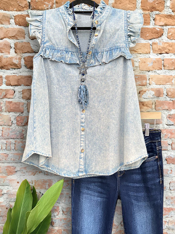 Vintage Denim Style Ruffle Sleeve Top