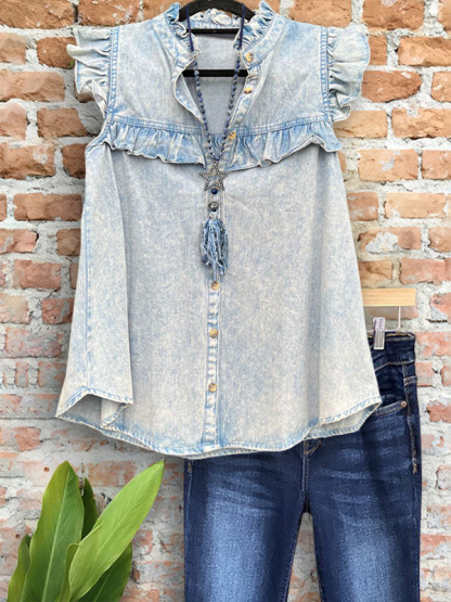 Vintage Denim Style Ruffle Sleeve Top