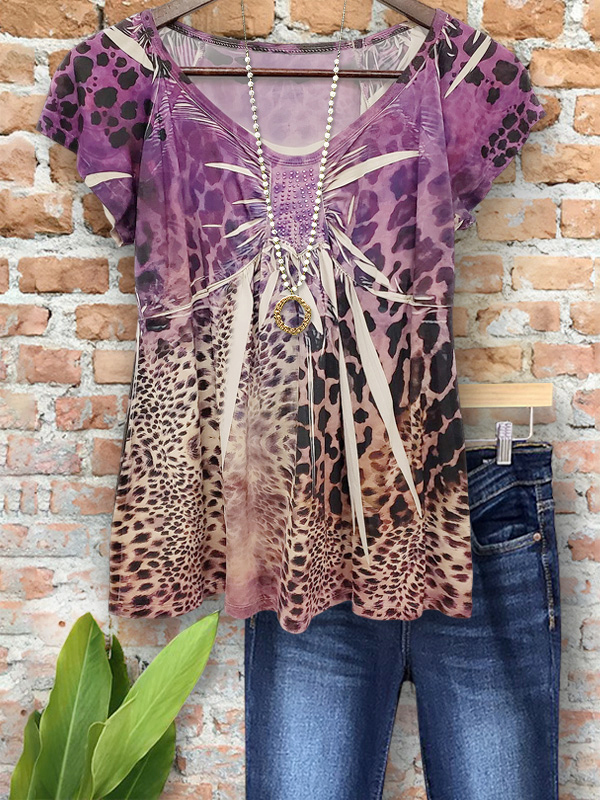 Women's top | Charm Leopard Patchwork Short Sleeve Top |Website-shopcharmingrose