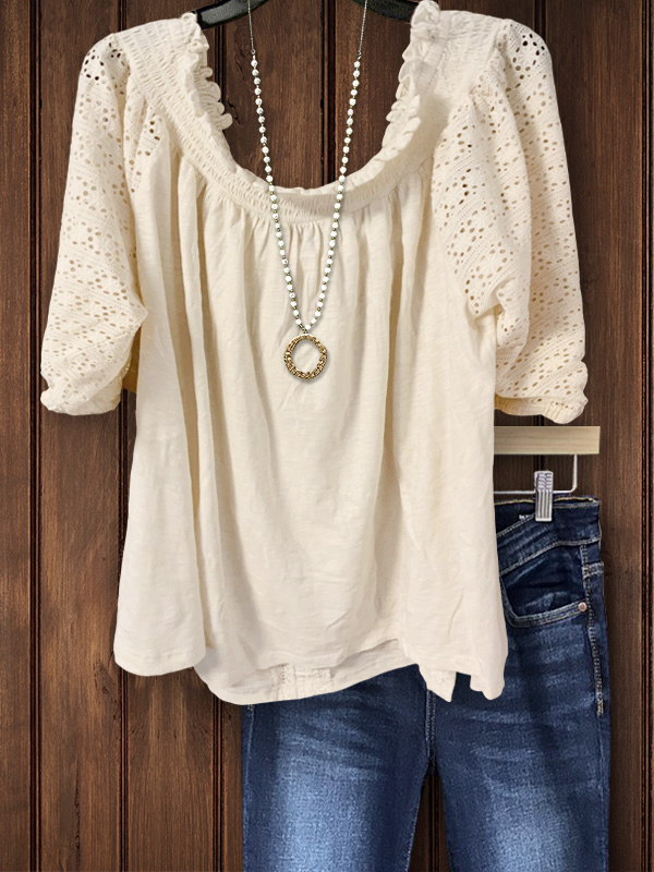 Cozy Cutout Patchwork Elastic Crew Neck Top