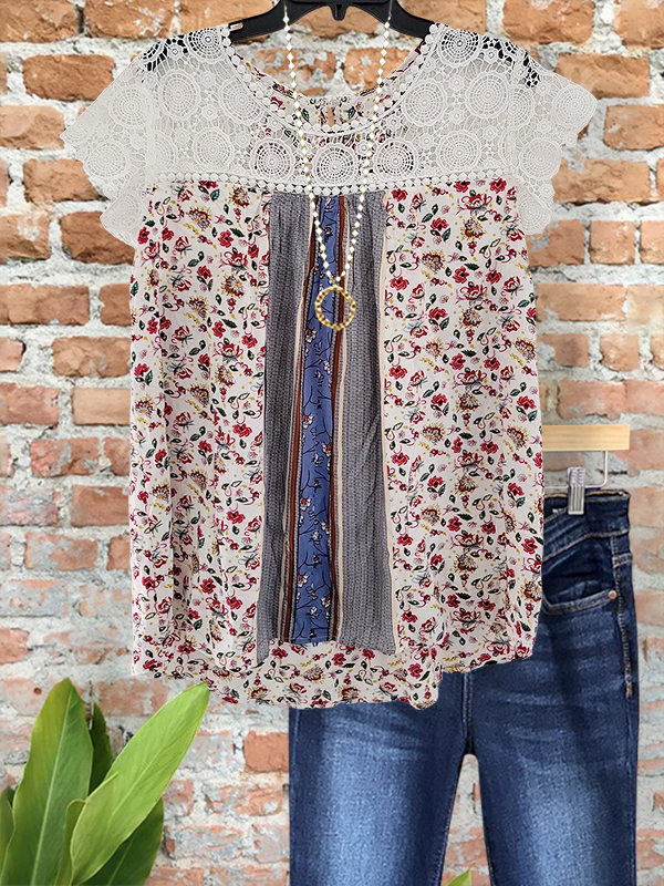 Romantic Floral Crochet Short Sleeve Top
