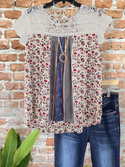 Romantic Floral Crochet Short Sleeve Top