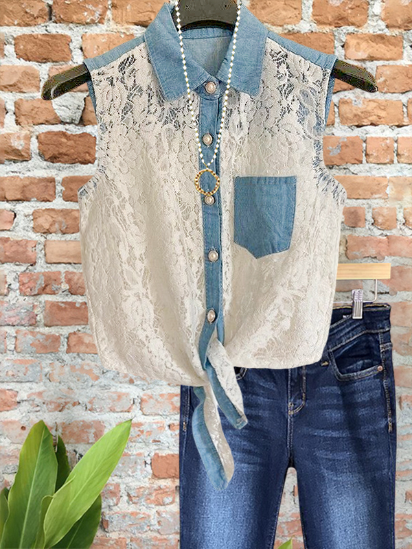 Elegant Denim Lace Knotted Vest
