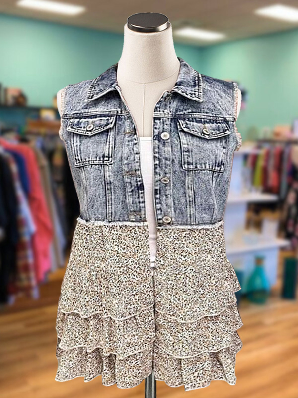 Vintage Denim Leopard Print Ruffle Hem Top