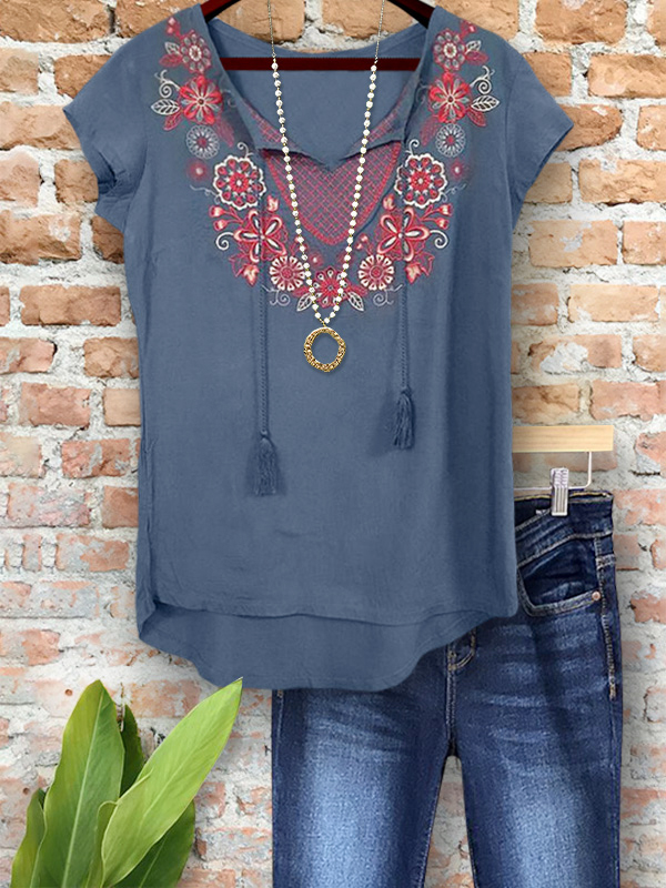 Embroidered Floral Ethnic Short-Sleeved Top