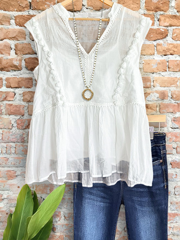 Casual Linen Webbing Patchwork Top