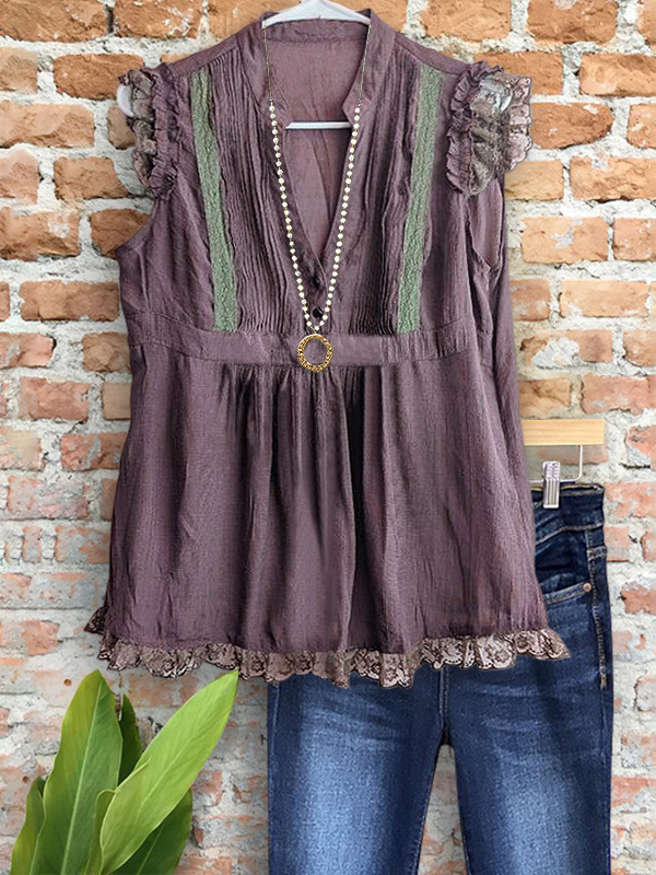 Retro Contrast Lace Ruffle Top