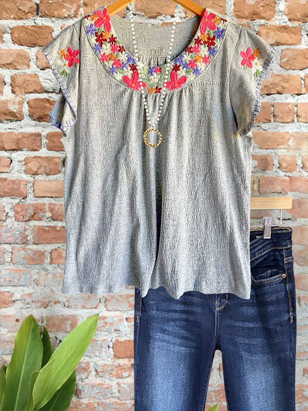 Women's top | Vintage Texture Colorful Embroidered Floral Top |Website-shopcharmingrose