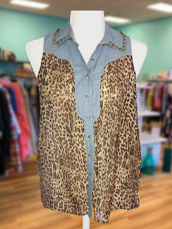 Classic Denim Leopard Print Vest With Studs