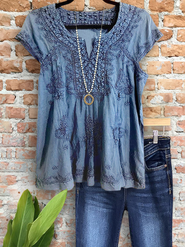 Casual Retro Embroidered Short Sleeve Top