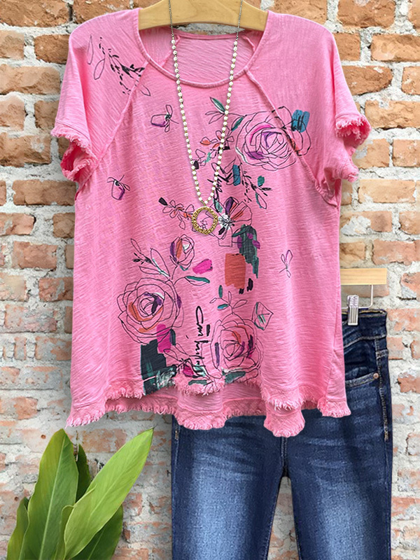 Casual Vintage Print Raw Edge Top