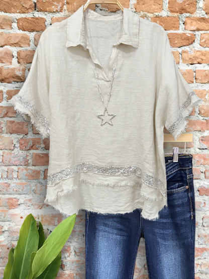Casual Linen Shiny Batwing Sleeve Top