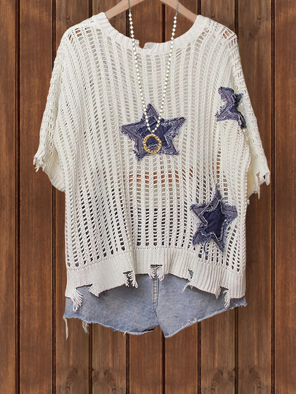 Women's top | Casual Crochet Denim Star Patch Top |Website-shopcharmingrose