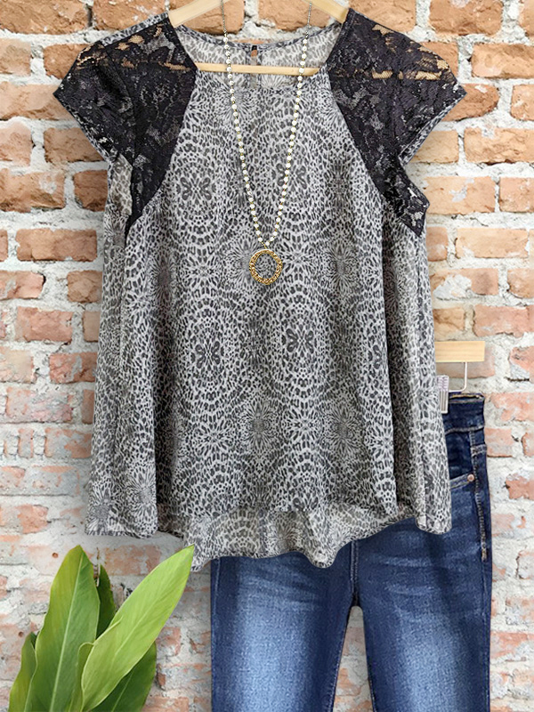 Women's top | Abstract Animal Print Lace Short Sleeve Top |Website-shopcharmingrose