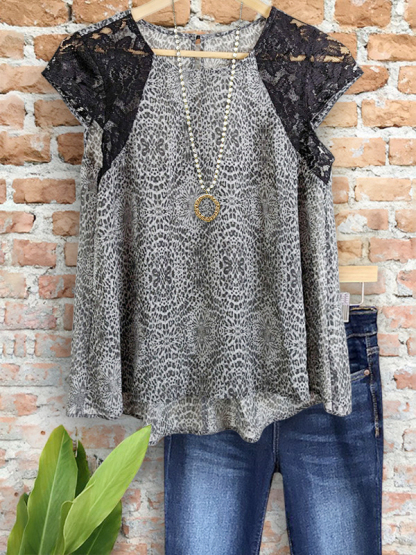 Abstract Animal Print Lace Short Sleeve Top