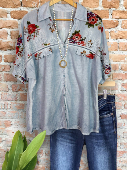 Vintage Embroidered Print Batwing Sleeve Shirt
