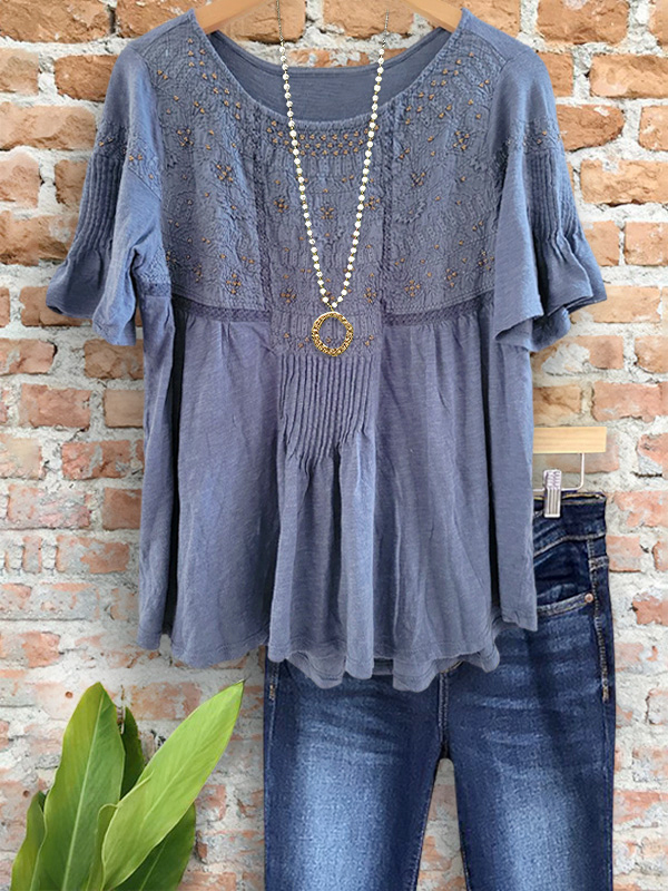 Women's top | Casual Vintage Embroidered Ruched Top |Website-shopcharmingrose