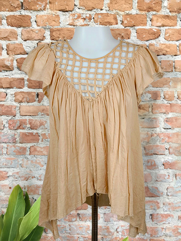 Women's top | Casual Cutout Linen Ruched Top |Website-shopcharmingrose