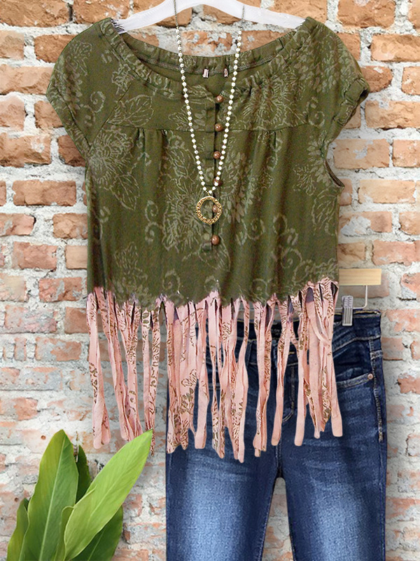 Women's top | Vintage Floral Fringe Hem Top |Website-shopcharmingrose