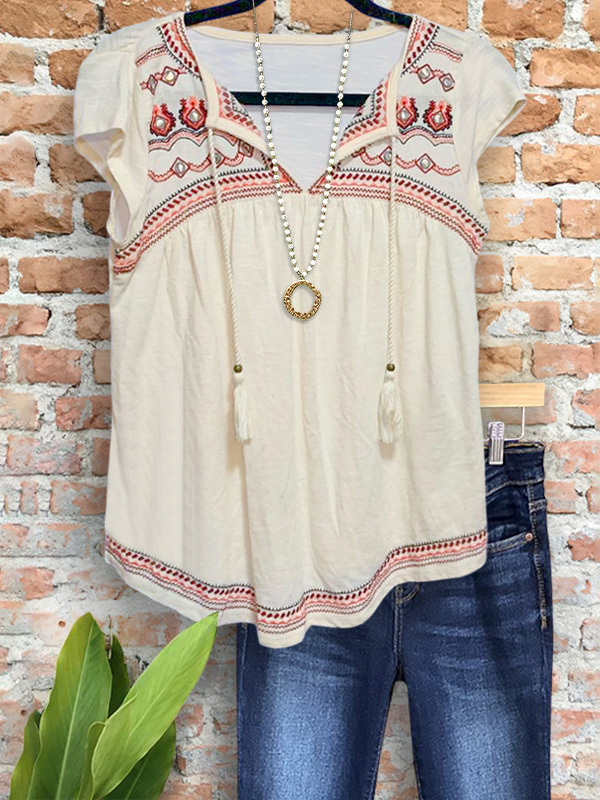 Ethnic Embroidered Ruffled Short-Sleeved Top