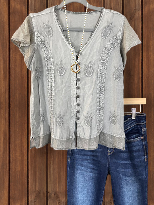 Women's top | Vintage Embroidered Patchwork Button-Down Top |Website-shopcharmingrose