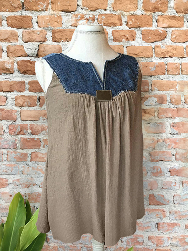 Women's top | Vintage Denim Patchwork Notched V-Neck Vest |Website-shopcharmingrose