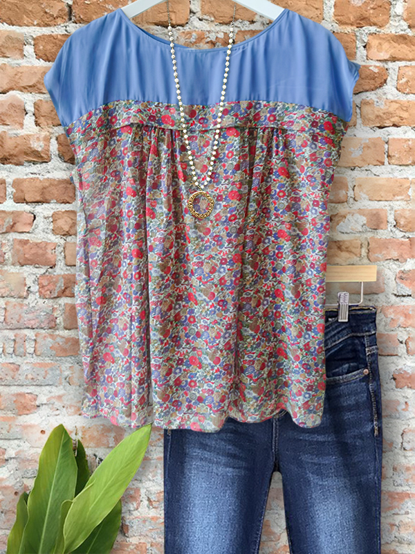 Pastoral Floral Print Patchwork Top
