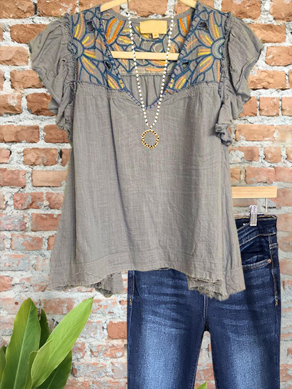 Women's top | Vintage Linen Colorful Embroidered Floral Top |Website-shopcharmingrose