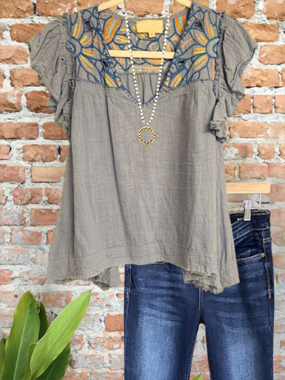 Vintage Linen Colorful Embroidered Floral Top