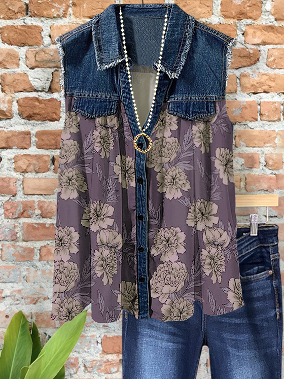 Elegant Vintage Denim Floral Patchwork Top
