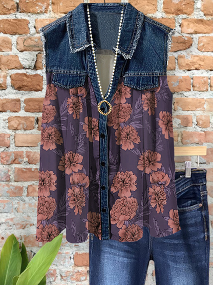 Elegant Vintage Denim Floral Patchwork Top