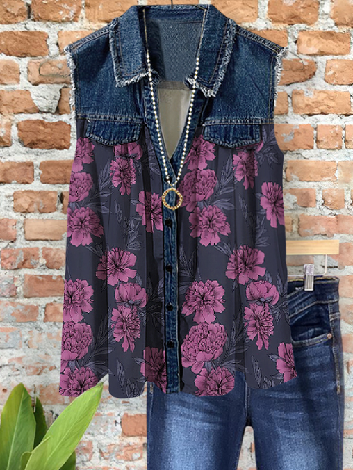 Elegant Vintage Denim Floral Patchwork Top