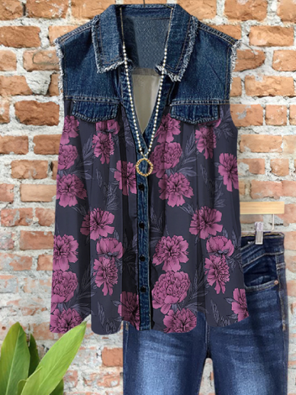 Elegant Vintage Denim Floral Patchwork Top