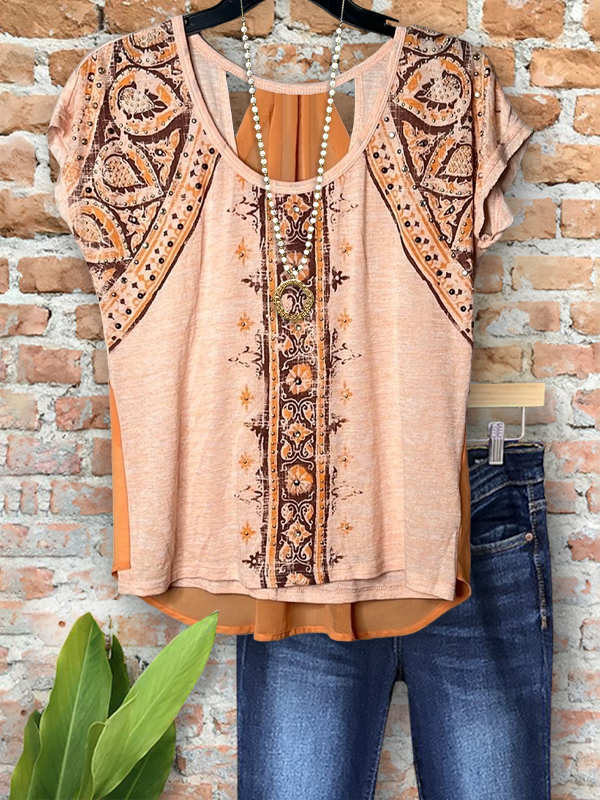 Cozy Ethnic Print Organza Patchwork Top