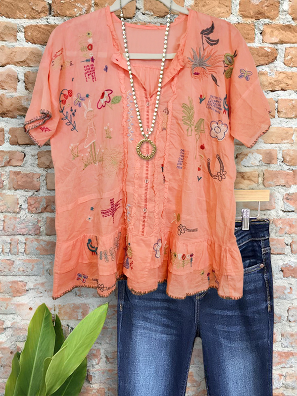 Casual Fun Embroidered Ruffle Hem Shirt