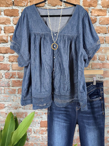 Casual Denim Lace Patchwork Top