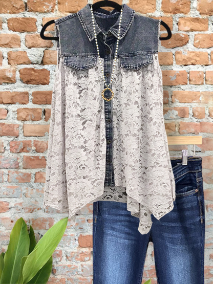 Casual Denim Lace Irregular Hem Top