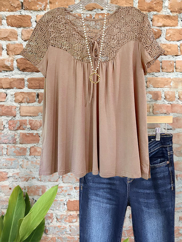 Vintage Crochet Cutout Ruched Top