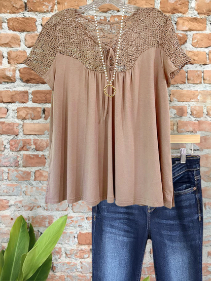 Vintage Crochet Cutout Ruched Top