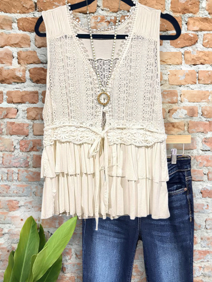 Casual Crochet Hollow Ruffle Hem Vest