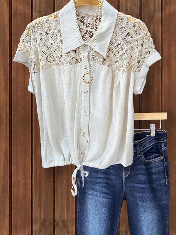 Women's top | Casual Cozy Linen Crochet Drawstring Top |Website-shopcharmingrose