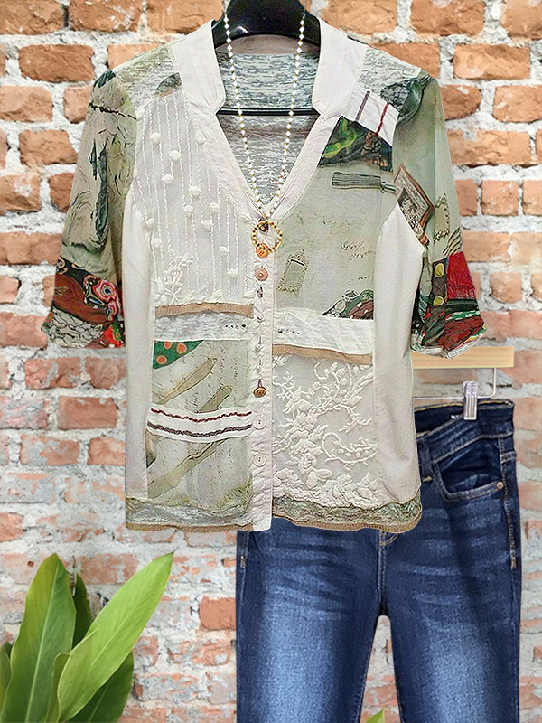 Women's top | Art Abstract Print Lace Patchwork Shirt |Website-shopcharmingrose