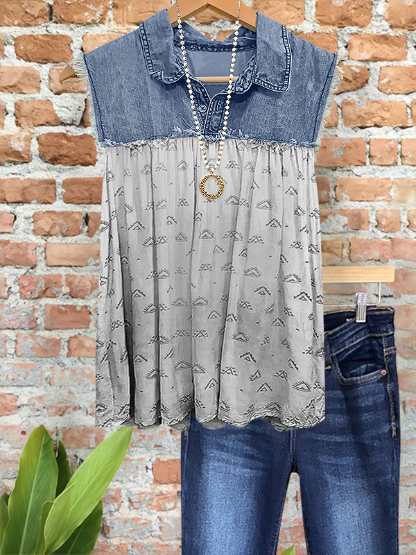 Vintage Print Denim Raw Edge Top