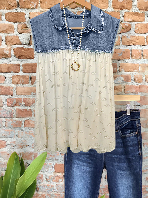 Vintage Print Denim Raw Edge Top