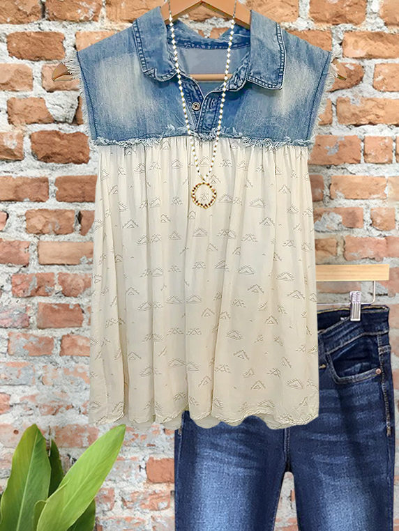 Women's top | Vintage Print Denim Raw Edge Top |Website-shopcharmingrose