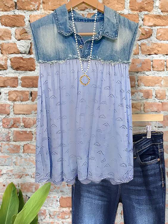 Vintage Print Denim Raw Edge Top