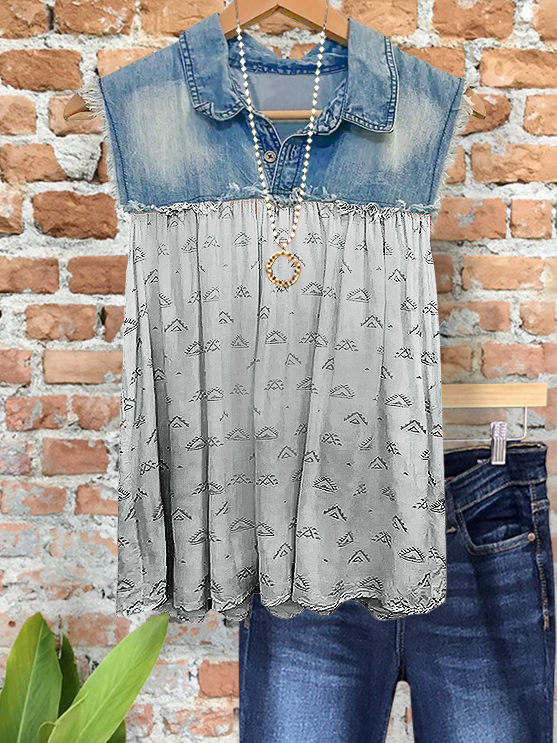Vintage Print Denim Raw Edge Top